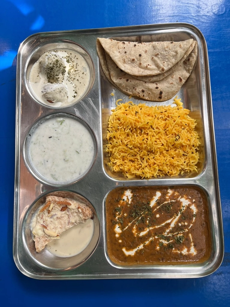 A yogic thali with rice, curd and chapati at Tattvaa Yogashala