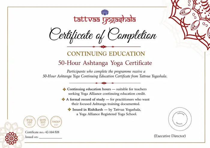 50-Hour Ashtanga Yoga Continuing Education Certificate from Tattvaa Yogashala, Rishikesh