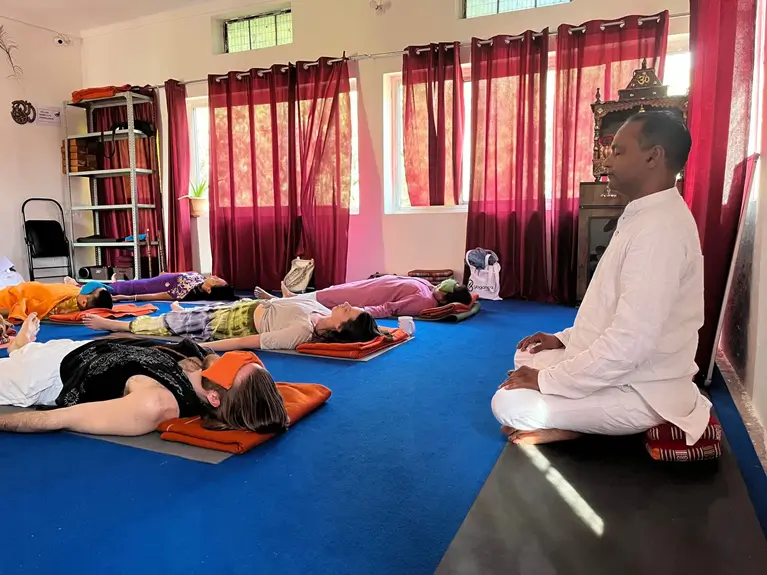 A Yoga Nidra session during a retreat at Tattvaa Yogashala