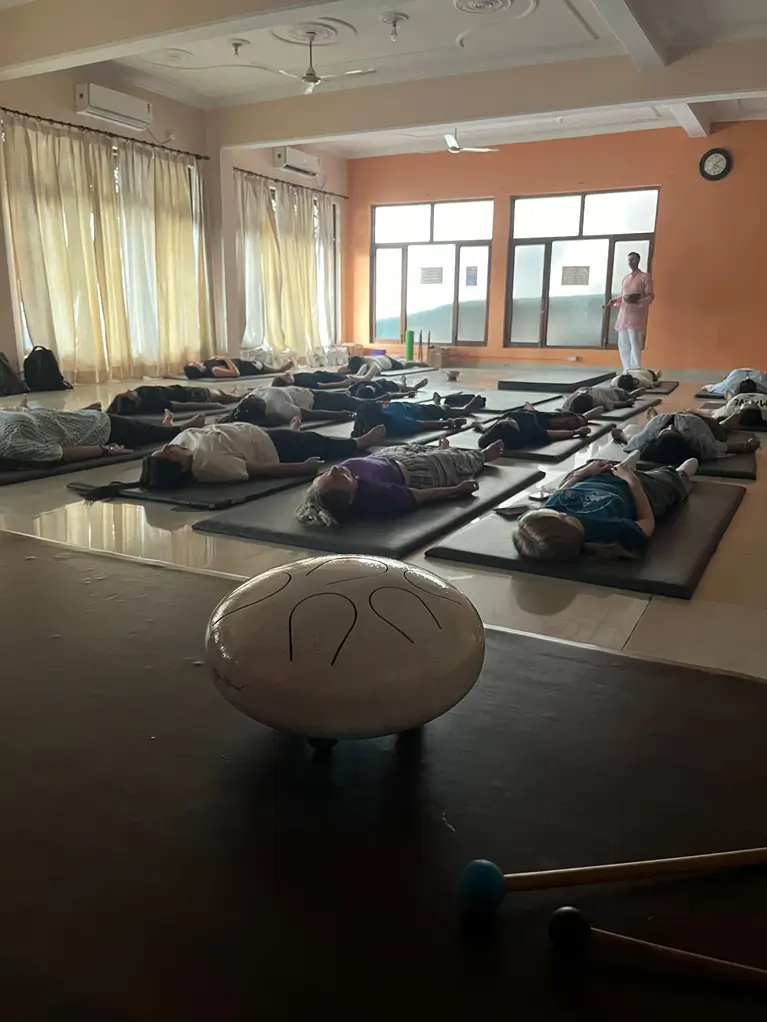 A classical Yoga Nidra session in the shala at Tattvaa Yogashala, Rishikesh
