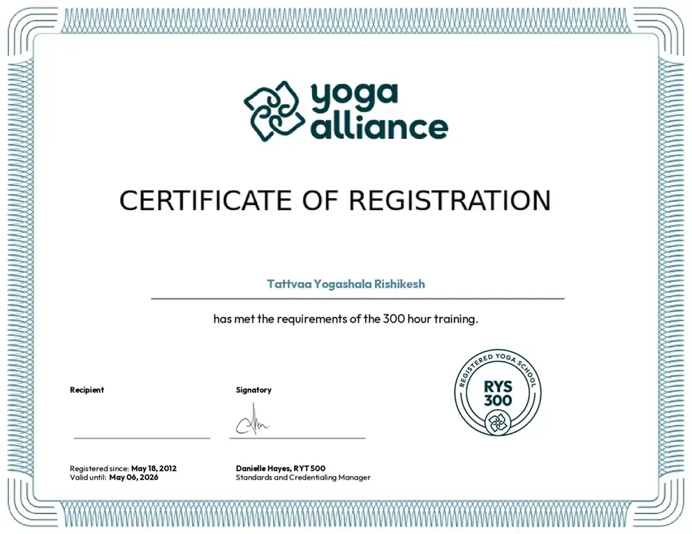Tattvaa Yogashala's Yoga Alliance certificate of registration for the 300 hour training