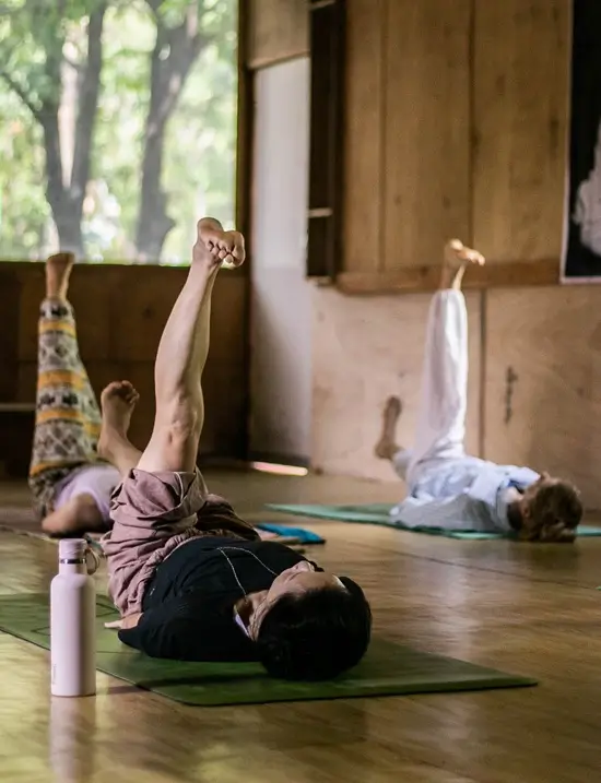 A led class in the shala during the 300 hour yoga teacher training at Tattvaa Yogashala, Rishikesh