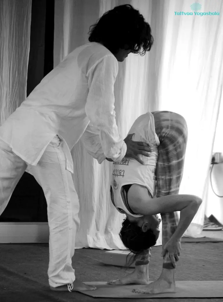A teacher assisting a student through a standing forward fold during the 300 hour Ashtanga yoga teacher training at Tattvaa Yogashala, Rishikesh