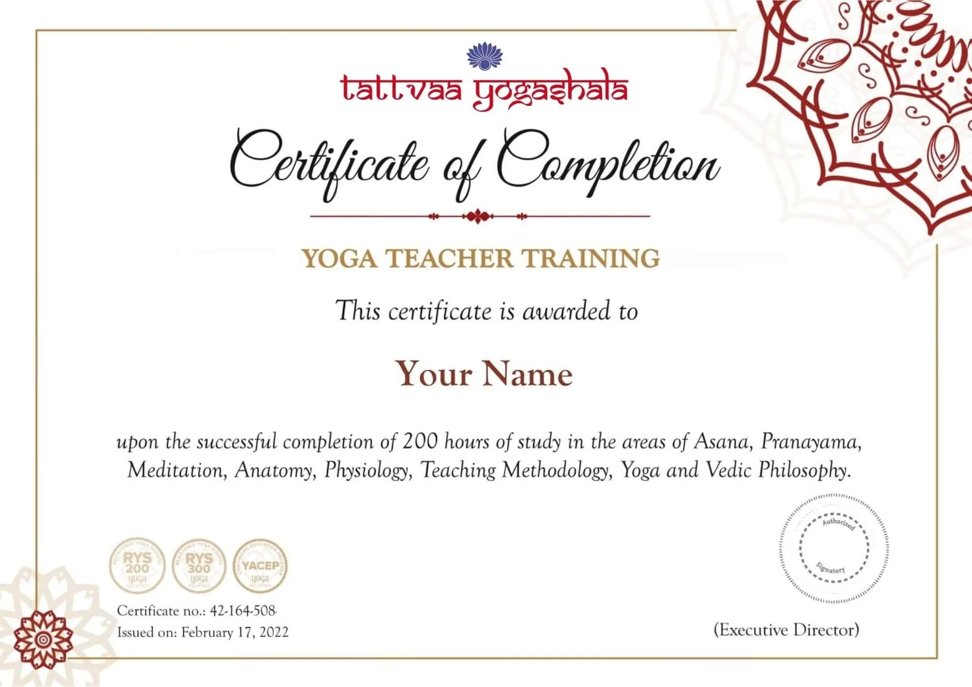 A Tattvaa Yogashala 500 hour Ashtanga yoga teacher training certificate